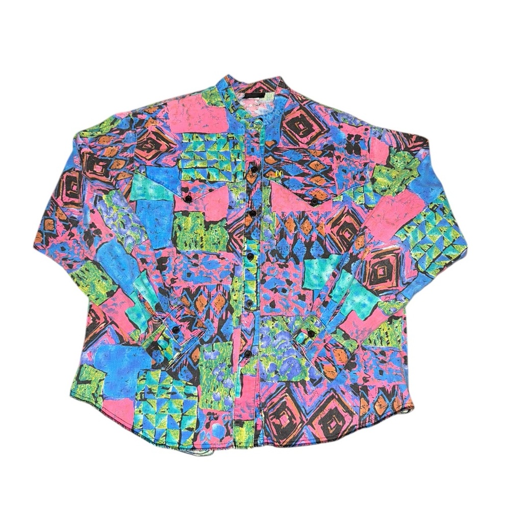 Vibrant Blue and Pink Button Down Shirt with Retro Design